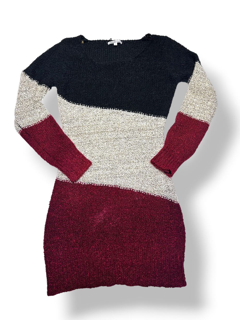 Vintage Charlotte Russe Bouclé Colorblock Black/Cream/Burgundy Sweater Dress XS